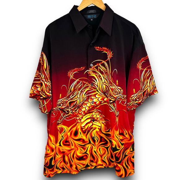 Vintage Y2K MT:2 Fire Dragon Short Sleeve Button Front Shirt Black Red Size XL - Picture 1 of 7